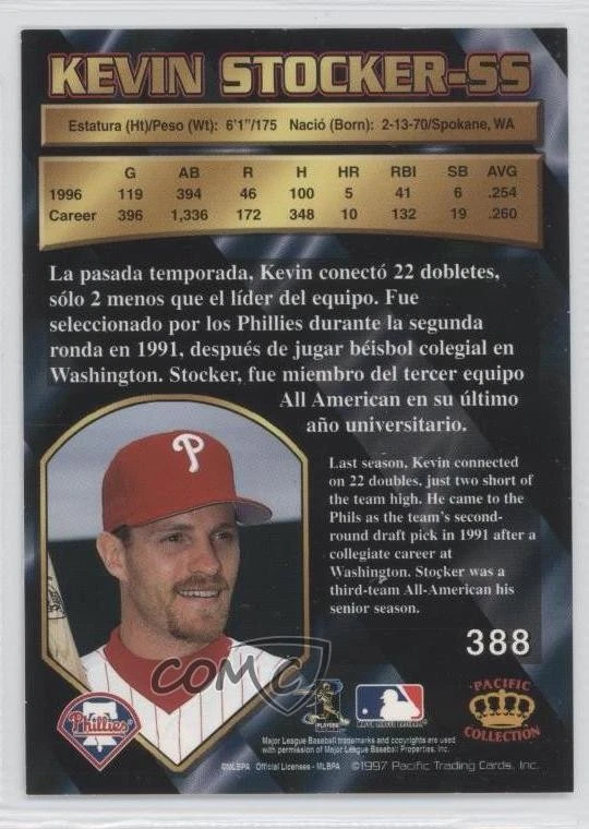 1997 Pacific Crown Collection Silver Kevin Stocker #388 - Image 2 of 2