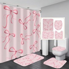 4Pcs Pink Bow Shower Curtain Set Cute Bathroom Shower Curtains with Light Pink