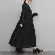 Womens Black Stand Collar Button Down Long Sleeves Pleated Shirt Dress