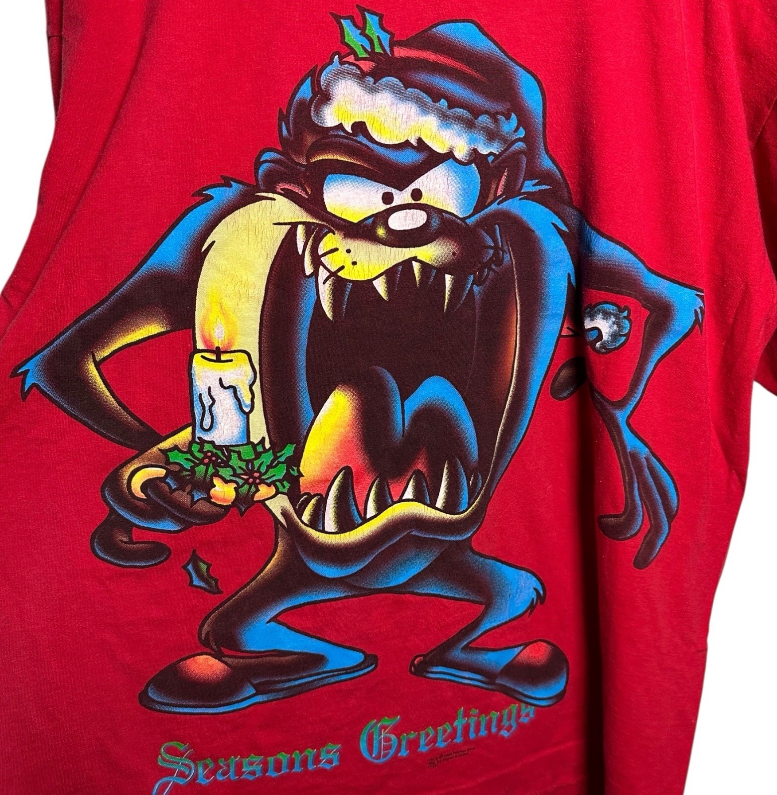 1995 Looney Tunes Taz RARE Holiday Xmas Greetings Season Red T-Shirt Size XL 90s image 2