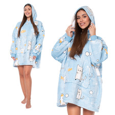 Oversize Hoodie Decke 2in1 Sherpa Fleece Pullover Katzen Blau Warm Kuschelig