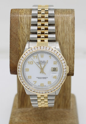 1990 Rolex Datejust Two-Tone 36mm White Dial Diamond Bezel Watch 16233