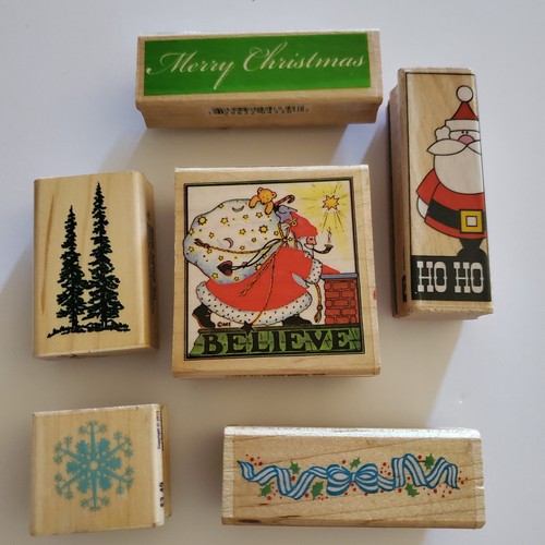 Vintage Christmas Rubber Stamp Lot Believe Santa Snowflake Trees Holiday Wood 6