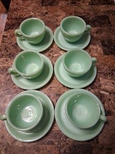 Set Of 6 Vintage Fire-King Jadeite Restaurant Ware C Handle Cups & Saucers.
