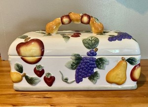 VTG Hand Painted Embossed Raised Fruit Ceramic Bread Box 13x6x9 Kitchen Decor