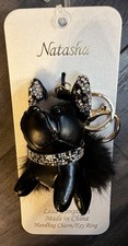 NATASHA FRENCH BULLDOG BAG CHARM KEY CHAIN Black Faux Leather Rhinestone NEW