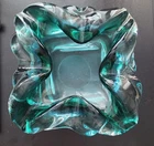Vintage Murano Italy Sumerso Art Glass Ashtray Aqua Blue Green about 7" Square