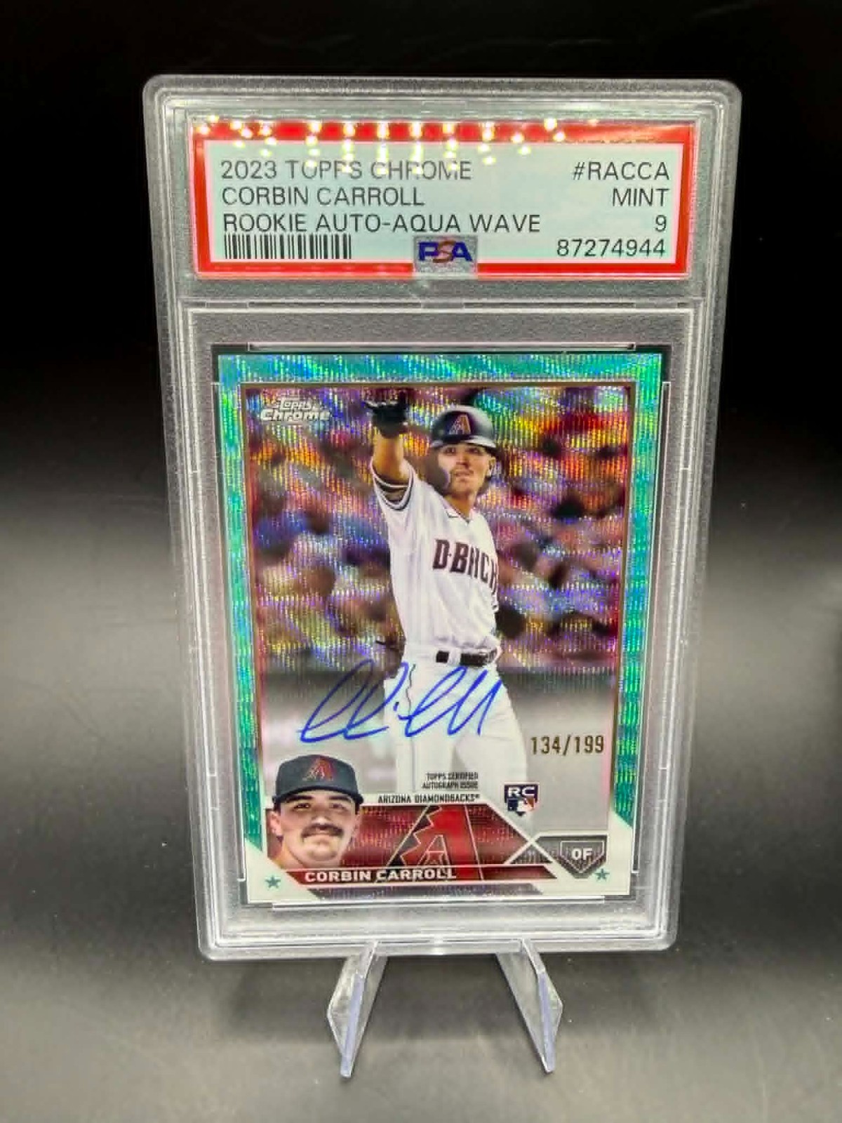 2023 Topps Chrome Corbin Carroll RC ROOKIE AUTO Aqua Wave Refractor #/199 PSA 9