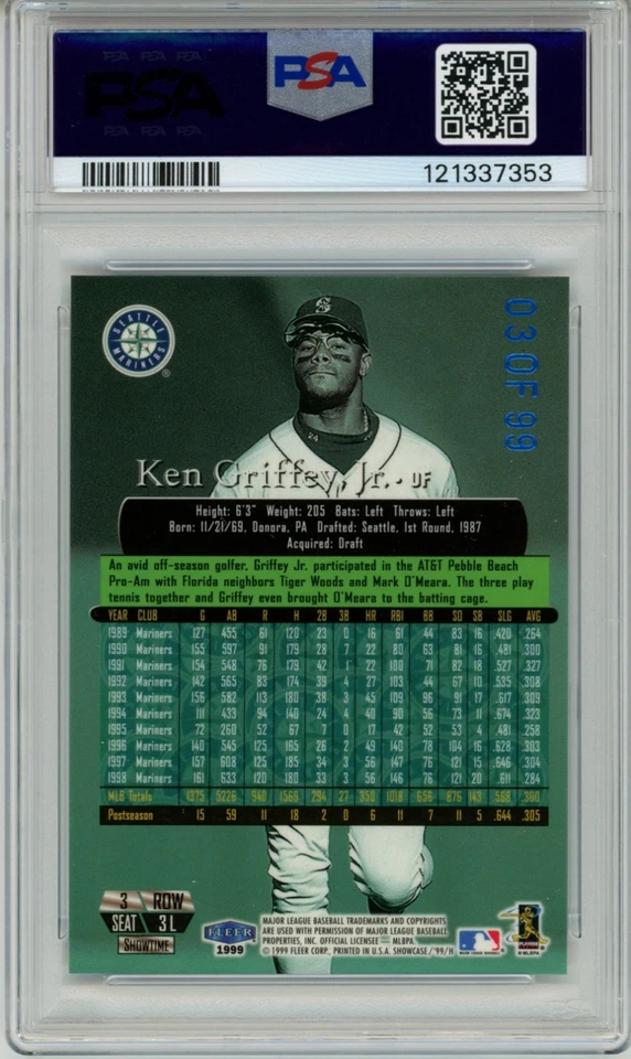 KEN GRIFFEY JR PSA 8 1999 Flair Showcase Legacy Collection 3L Row 3 3/99 - Image 2 of 2
