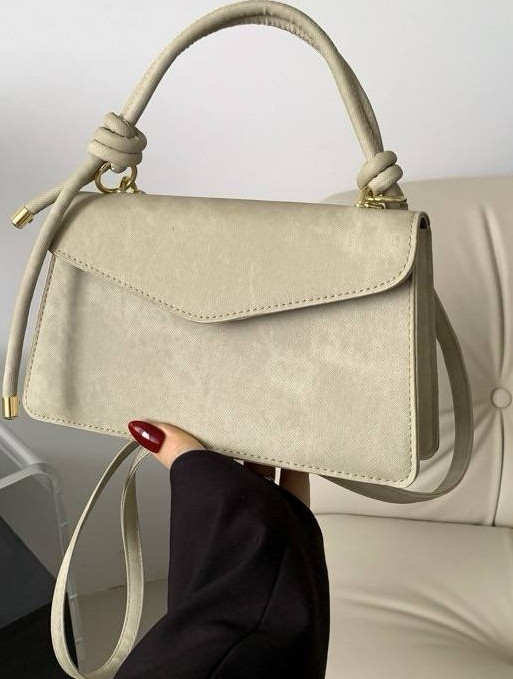 Beige Textured Crossbody Bag Top Handle Shoulder Handbag Envelope Knot Detail