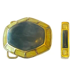 Belt Buckle Gold Tone Statement Yellow Brown with Loop Stained Glass Look 