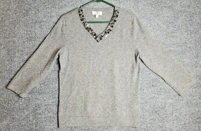 Peter Hahn 100% Cashmere V Neck Soft Small Gray Sweater Rhinestone Accents A4