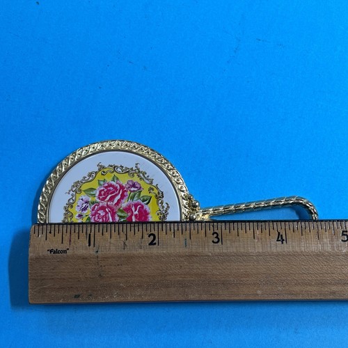 Vintage Hand Mirror Floral Roses w solid Brass Tone Handle 4.5” Japan with box - Picture 10 of 10