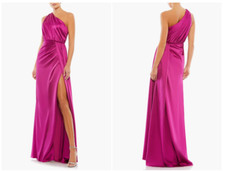 MAC DUGGAL 26654 GATHERED ONE SHOULDER SATIN FAUX WRAP BERRY GOWN  sz 8