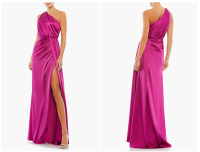 MAC DUGGAL 26654 GATHERED ONE SHOULDER SATIN FAUX WRAP BERRY GOWN  sz 8