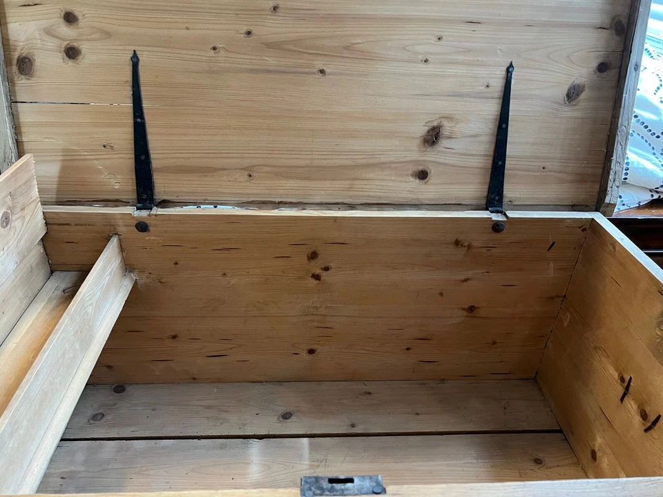 Precioso cofre de madera grande americano antiguo hecho a mano de 1800, MB621 Foto 2 de 4