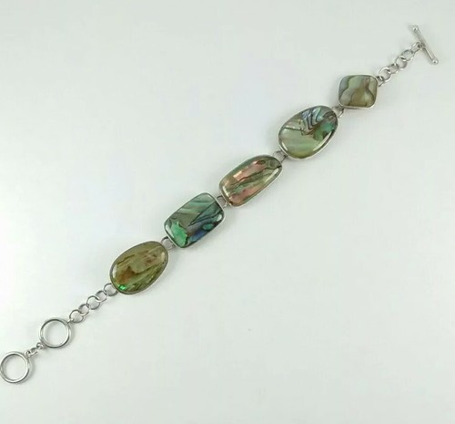 Brazalete vintage Lucas Lameth plata esterlina 925 arco iris abulón 8" palanca - Imagen 5 de 10