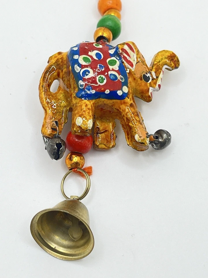 Hand Carved Painted Wood Elephant With Bell Lucky Key Chain India - Image 2 of 4