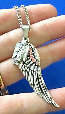 ARCHANGEL St GABRIEL Saint Medal NECKLACE Pendant Angel Wing Protection Pink