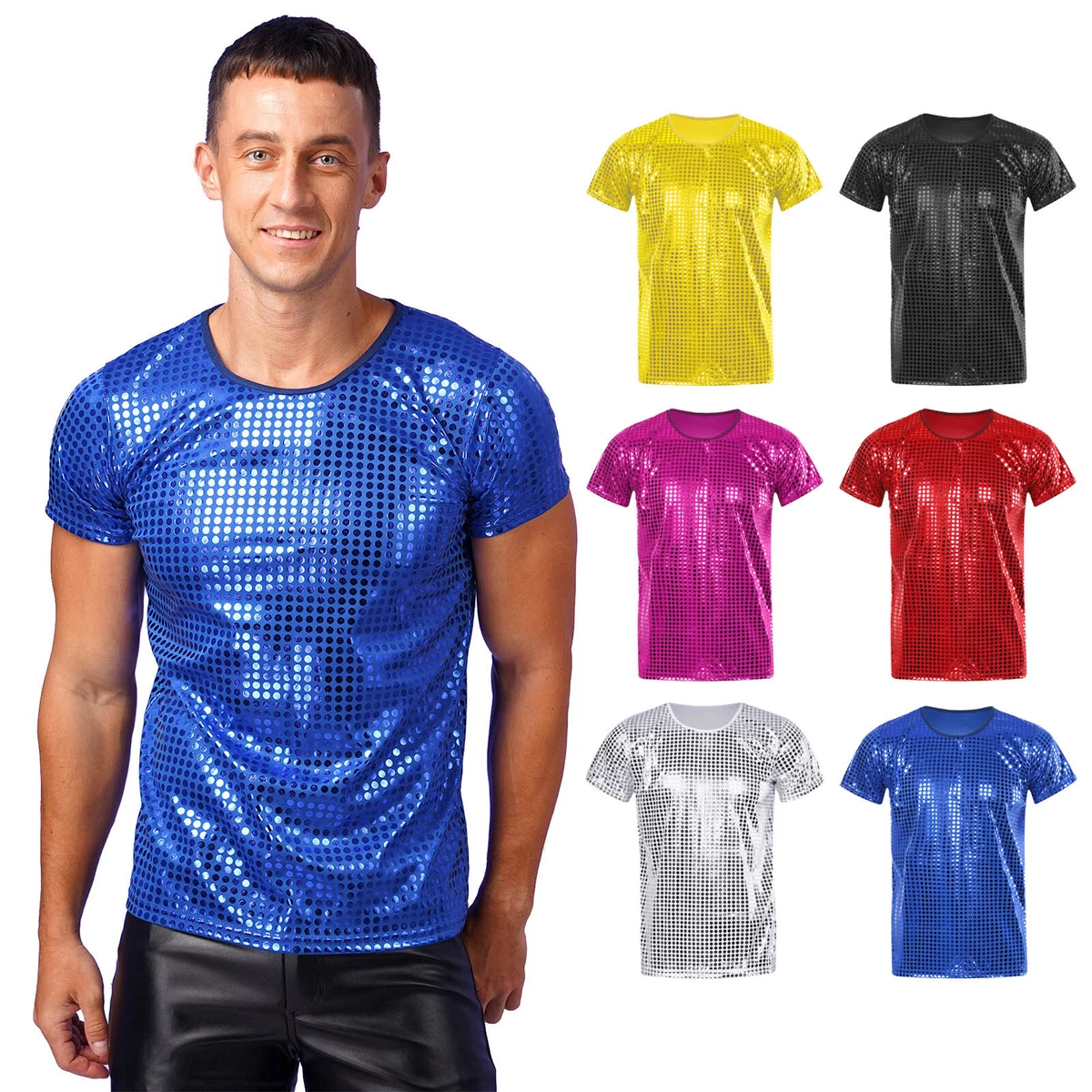 Men Sparkle Sequin Short Sleeve Shirt Shiny Dot 70s Disco Nightclub  T-Shirts Top