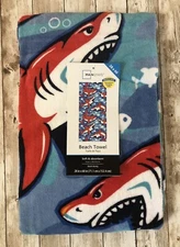 New Beach Towel Shark Print Kids Boy Girl Blue Red Pool 28x60 Soft and Absorbent