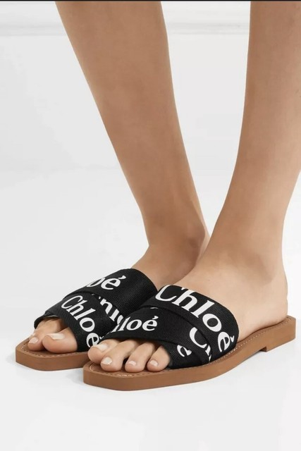 chloe woody flat logo ribbon slide sandals