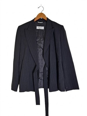 Max Mara Black Pinstripe Blazer Jacket Belted Wool Made in Italy Size US 6