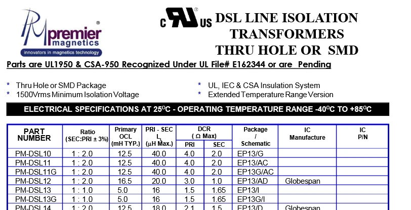 QTY (10) PM-DSL39 PREMIER MAGNETICS DSL LINE ISOLATION TRANSFORMERS PM130-H1A - Image 2 of 3