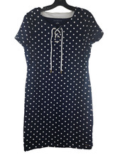 Tommy Hilfiger Women's Large Tshirt Dress Navy Polka Dot Knit Laced Neckline