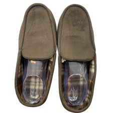 Men's Brown Moccasin Slippers Size L 9-10 Faux Suede Plaid Fleece House Shoes