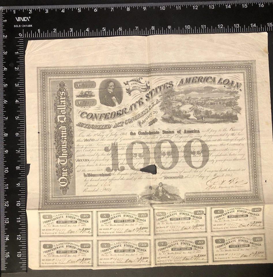Confederate States of America Currency: Four $1000 Loan Bonds; With Coupons - Image 3 of 4