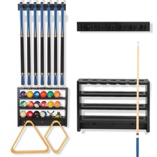 Wall Mount 7 Pool Cue Stick Rack Holder With Ball Rest Wood Table Organizer