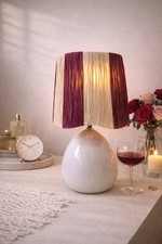 Image of Glass Table Lamp With Burgundy And Sand Striped Lampshade, Modern
