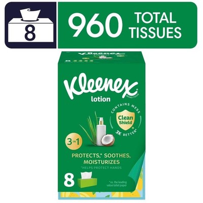 Facial Tissues with Coconut Oil Enriched Lotion 8 Boxes of 120 3 Ply Soft