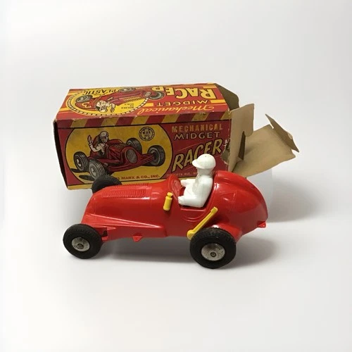 Vintage Working Marx Midget Race Car Wind Up Hard Plastic With Box