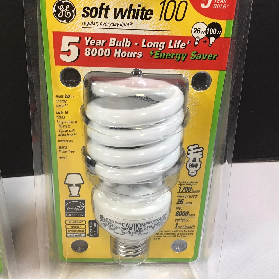 GE Spiral Soft White 100 Long Life Energy Saver Uses only 26 Watts Lot of 2 NEW - Image 4 of 4