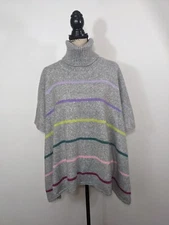 NWT LOFT Warm Cozy Wool Blend Striped Poncho Gray Multicolor M/L $90