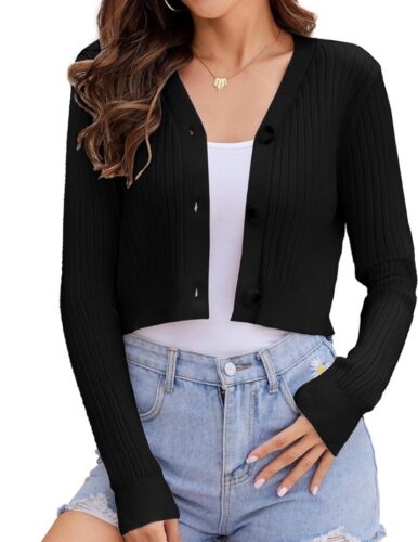 Women's Long Sleeve Cropped Cardigan V Neck Solid Button Down Knit Bolero Shrug
