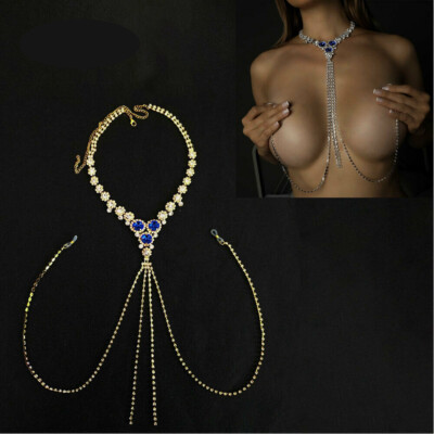 Non Piercing Nipple Rings Rhinestone Body Chain Crystal Necklace for Women USA