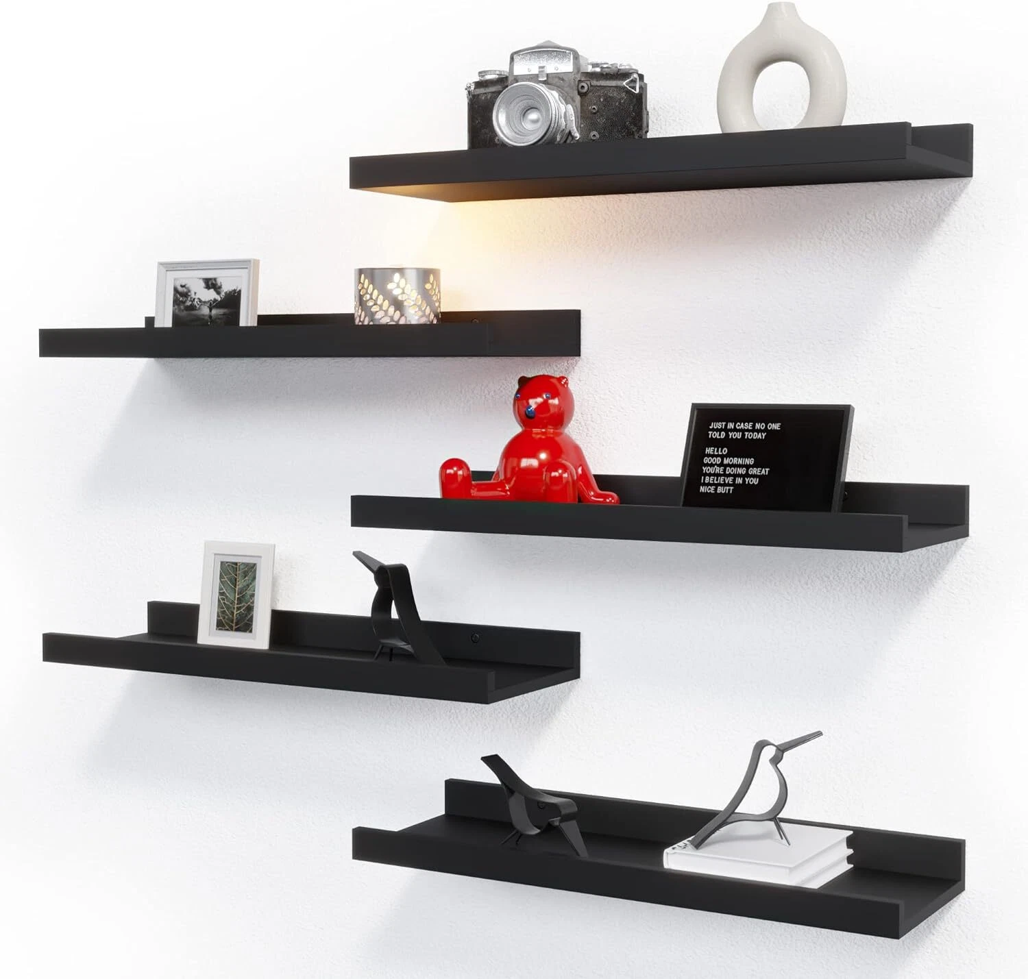 RICHER HOUSE 5 Set Floating Wall Mounted Shelves, Black Shelves for Wall Decor,