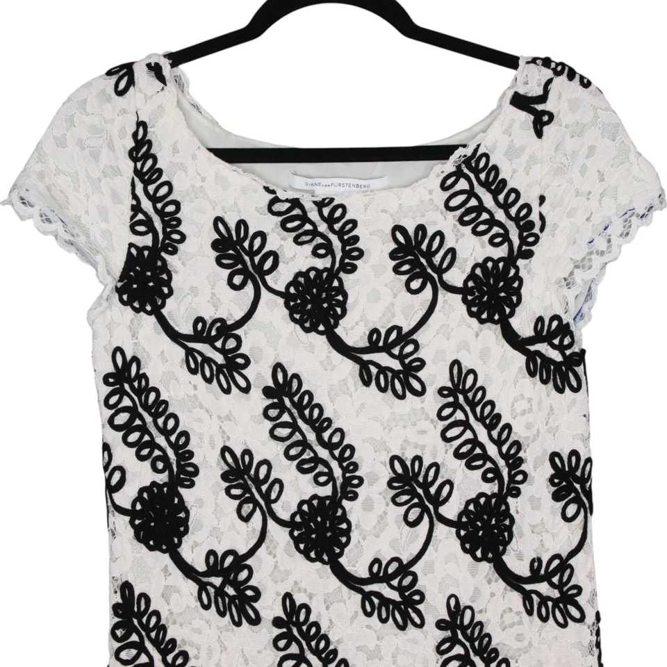 Diane Von Furstenberg Seda Encaje Mini Talla 4 Blanco Negro Floral Bordado Muestra Foto 2 de 4