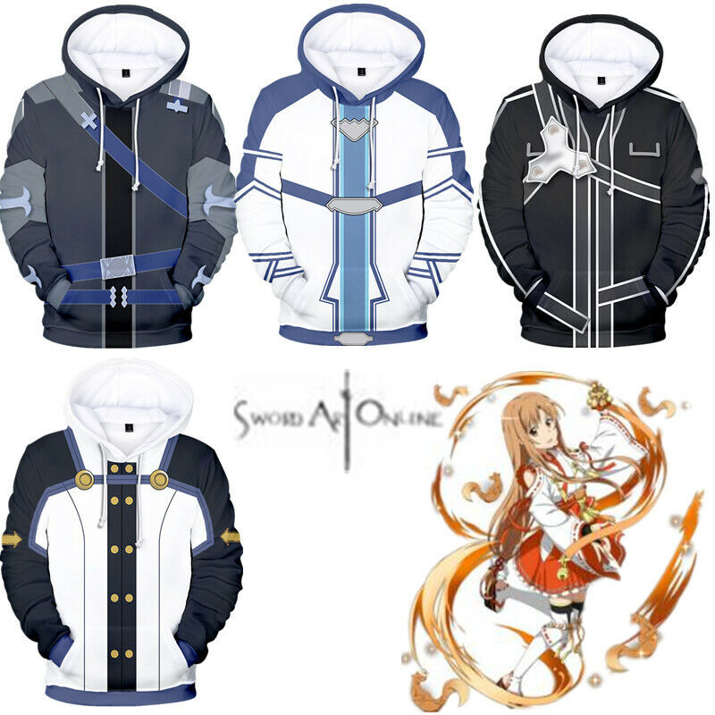 SAO Sword Art Online Kirito Asuna Cosplay Costume Zip Up 3D Hoodies Long  Sleeve Men Anime