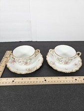 Jean Pouyat Limoges Pink Roses Gold Encrusted Cream Soup Set Of 2 Beautiful