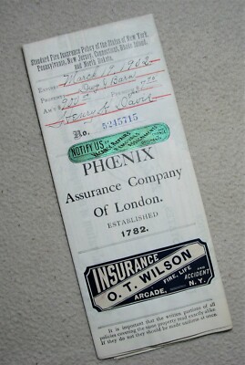 1902 Hartford Fire Insurance Co. Phoenix Assurance Policy Arcade, NY Ephemera 