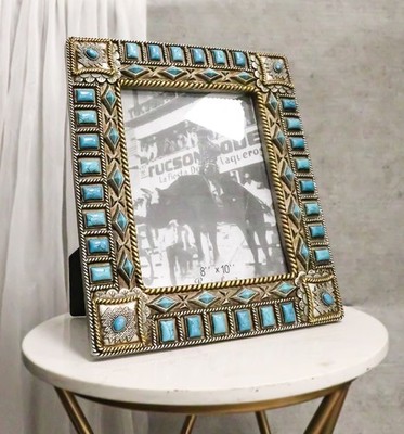 Rustic Western Turquoise Gems Geometric Patterns Ropes Picture Frame 8''X10''