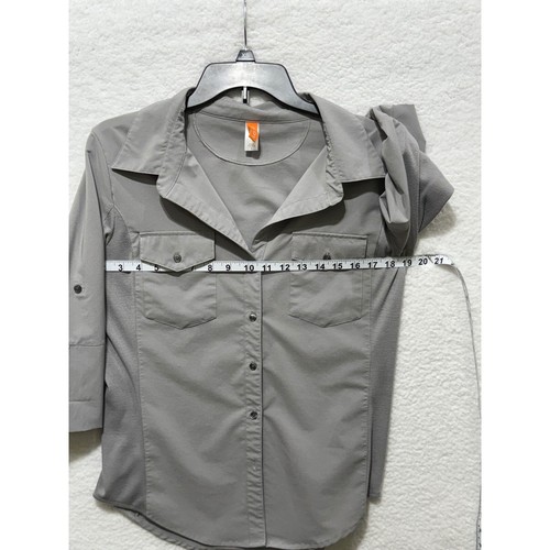 Camisa Lucy con botones para mujer L gris manga lengüeta enrollable 2 bolsillos cuello top - Imagen 6 de 7