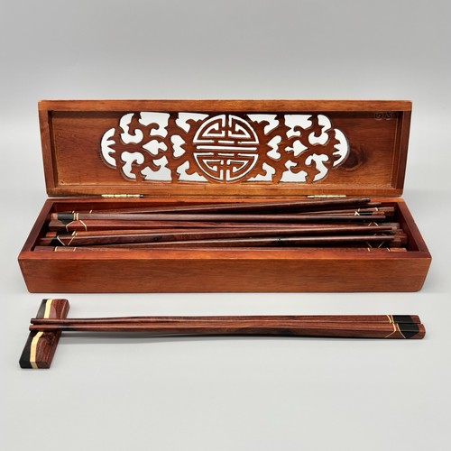 Set of 9 Handmade Rosewood Inlaid Parquet Chopsticks & Stands 10" Carved Box