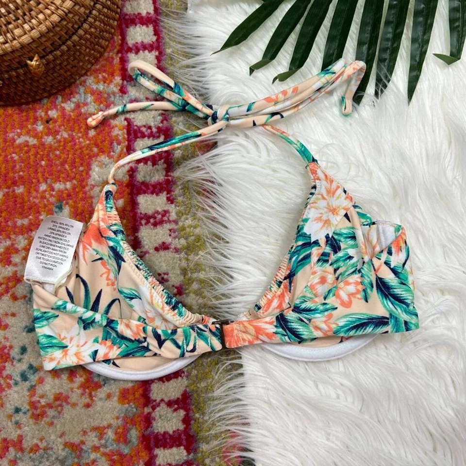 Tori Praver Pink Smocked Tropical Floral Halter Bikini Top Swimsuit XS - Image 2 of 4