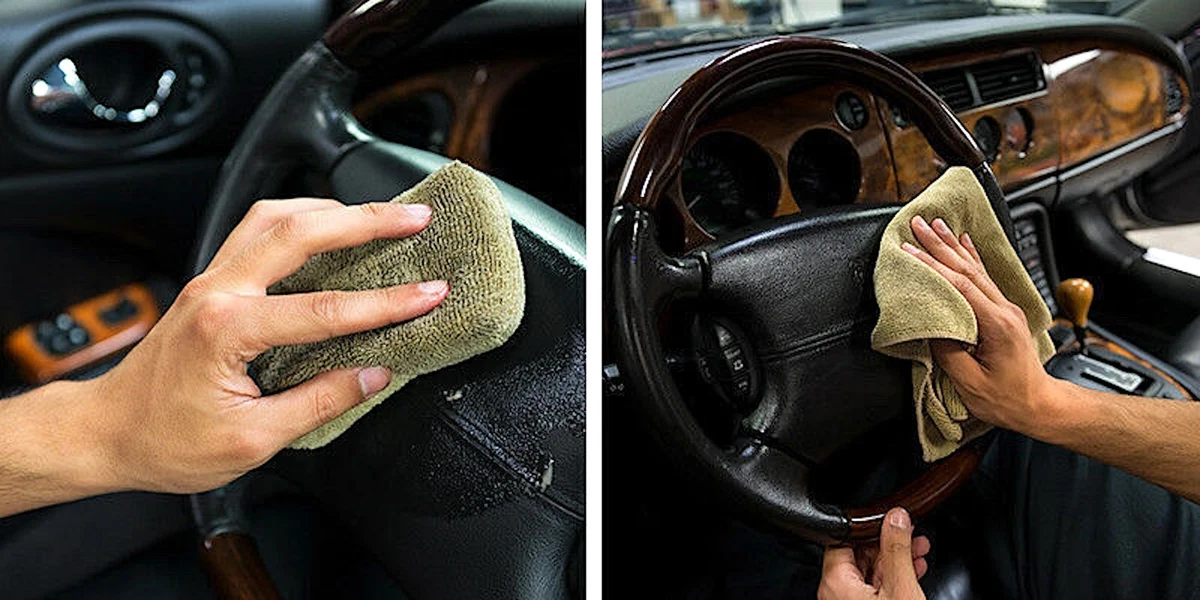 Cleaning a steering wheel and applying protectant