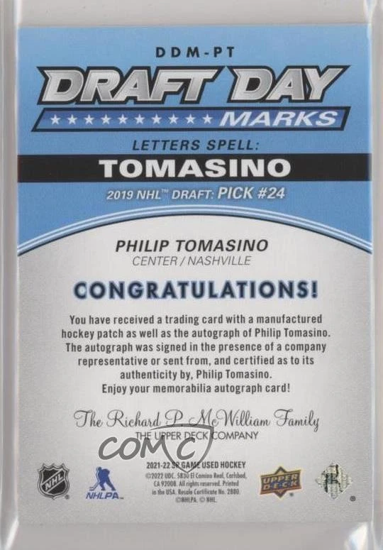 2021 Upper Deck SP Game Used Draft Day Marks Rookies /35 Philip Tomasino Auto RC - Image 2 of 2